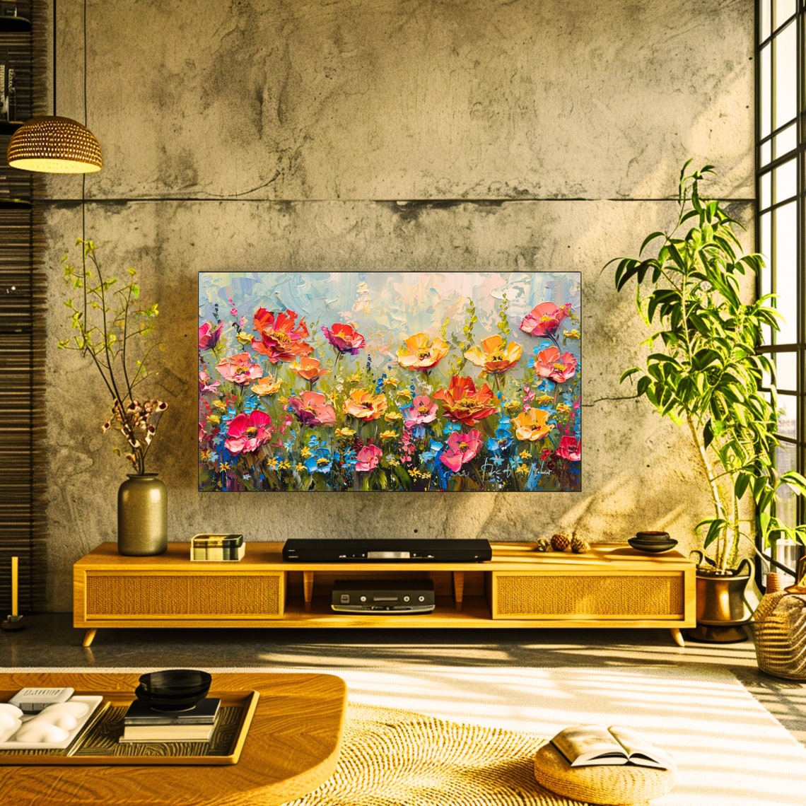 Colorful Impasto Spring Wildflowers Poppy Field Oil Art Poster - Image 2