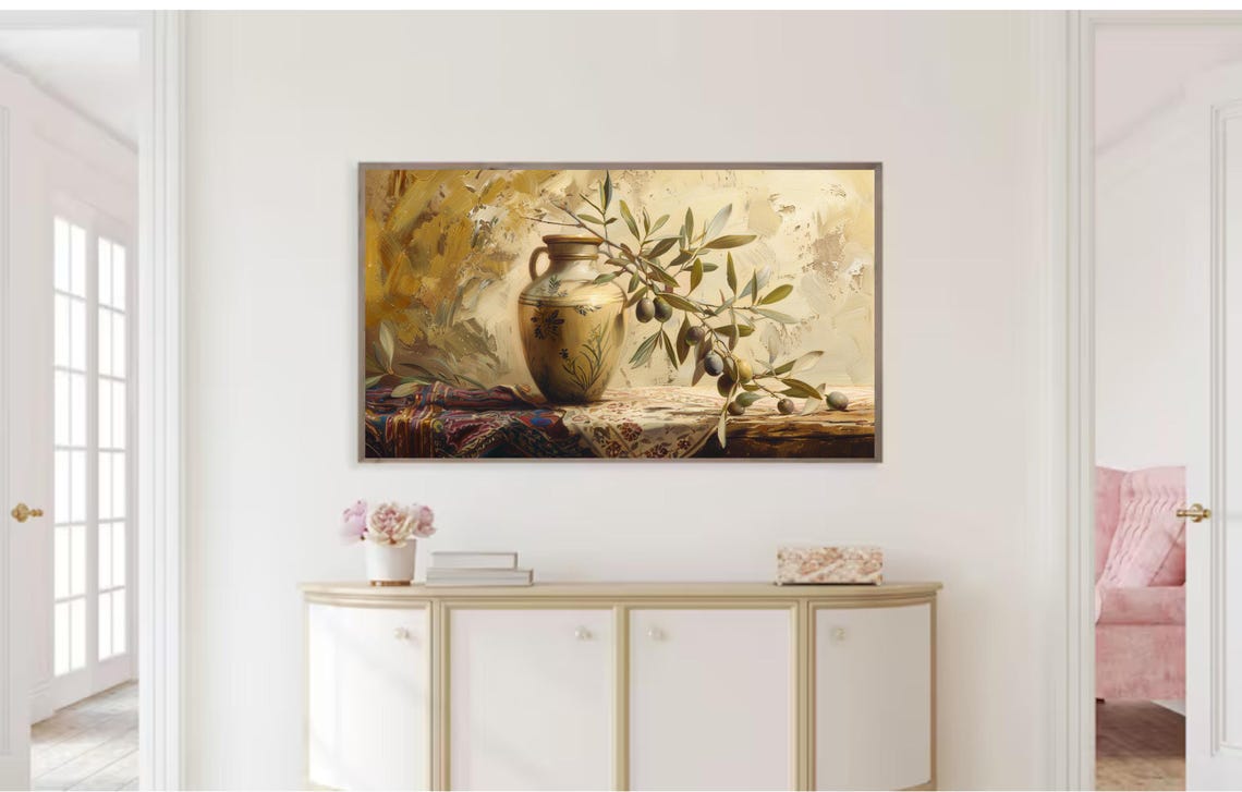 Vintage Still Life Vase Olive Branch Neutral Tone Frame Tv Art Rustic Home Decor - Image 2