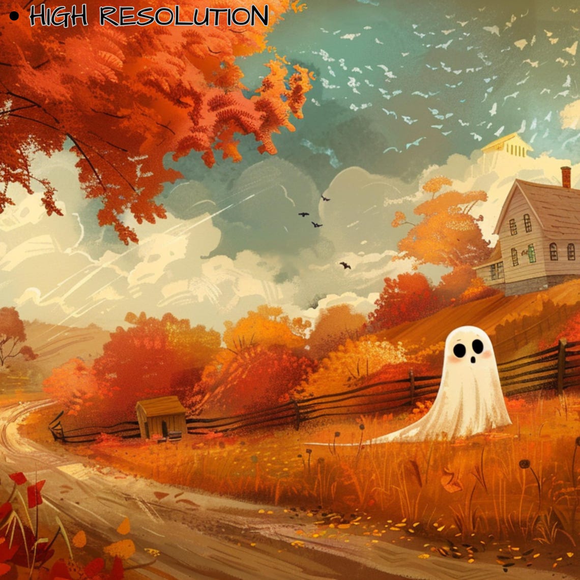 Ghost In Autumn Countryside Farmhouse Fall Foliage Painting Poster - Image 3