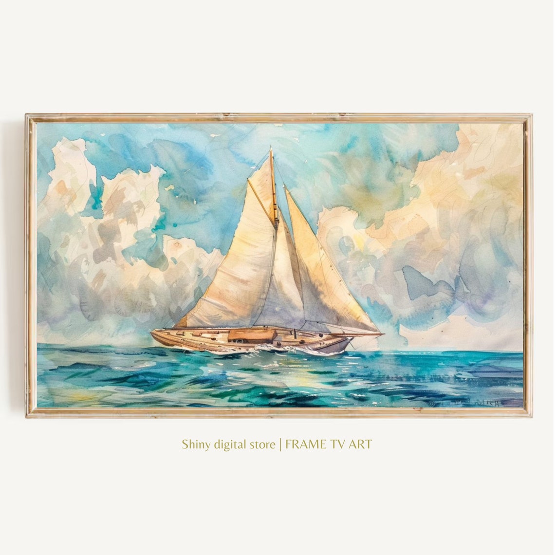 Watercolor Sailboat Turquoise Sea Pastel Clouds Coastal Art Poster