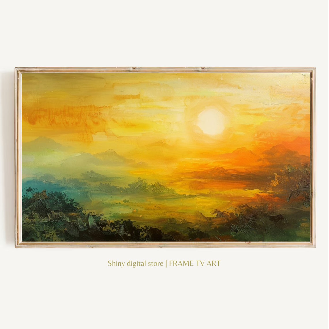 Golden Abstract Sunset Over Mountains Watercolor Landscape Wall Art