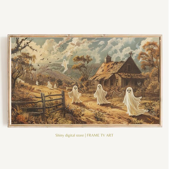 Vintage Haunted Ghost Farm Barn Spooky Fall Countryside Wall Art