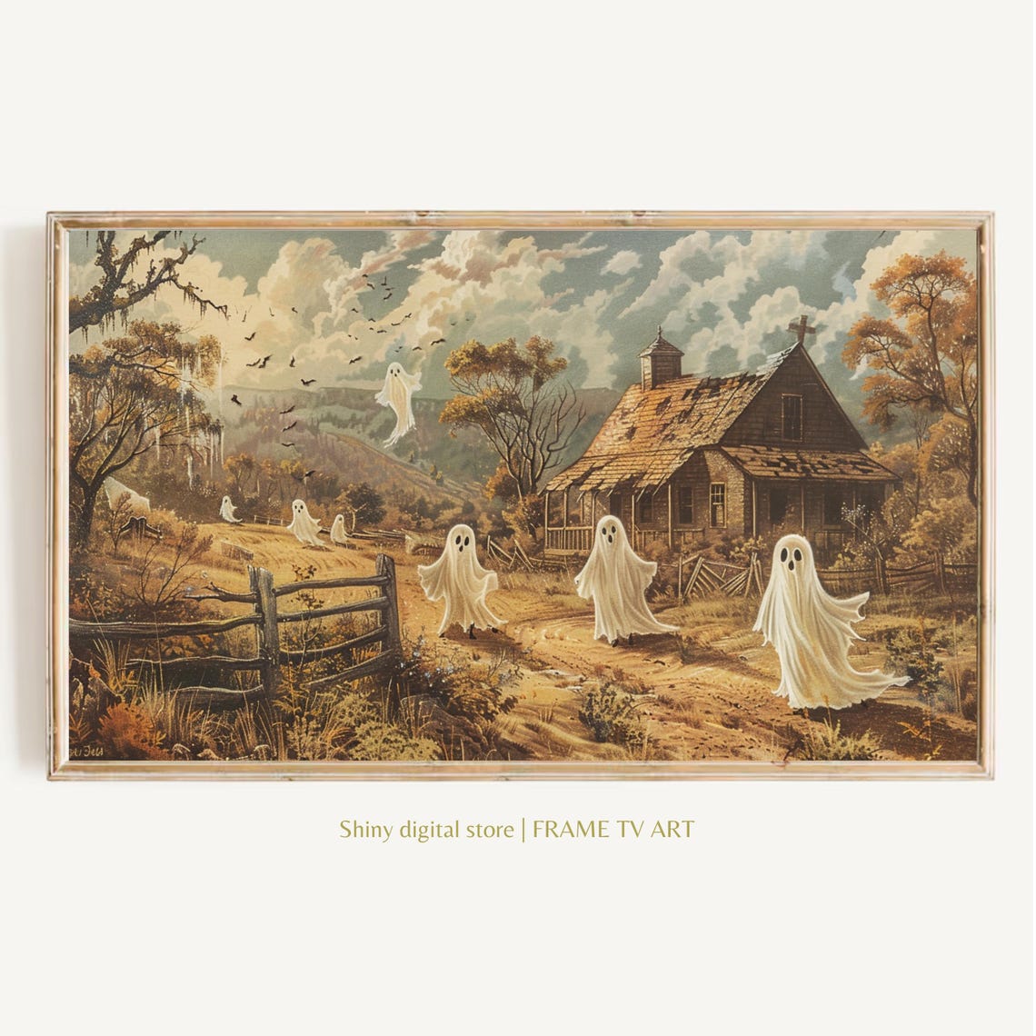 Vintage Haunted Ghost Farm Barn Spooky Fall Countryside Wall Art