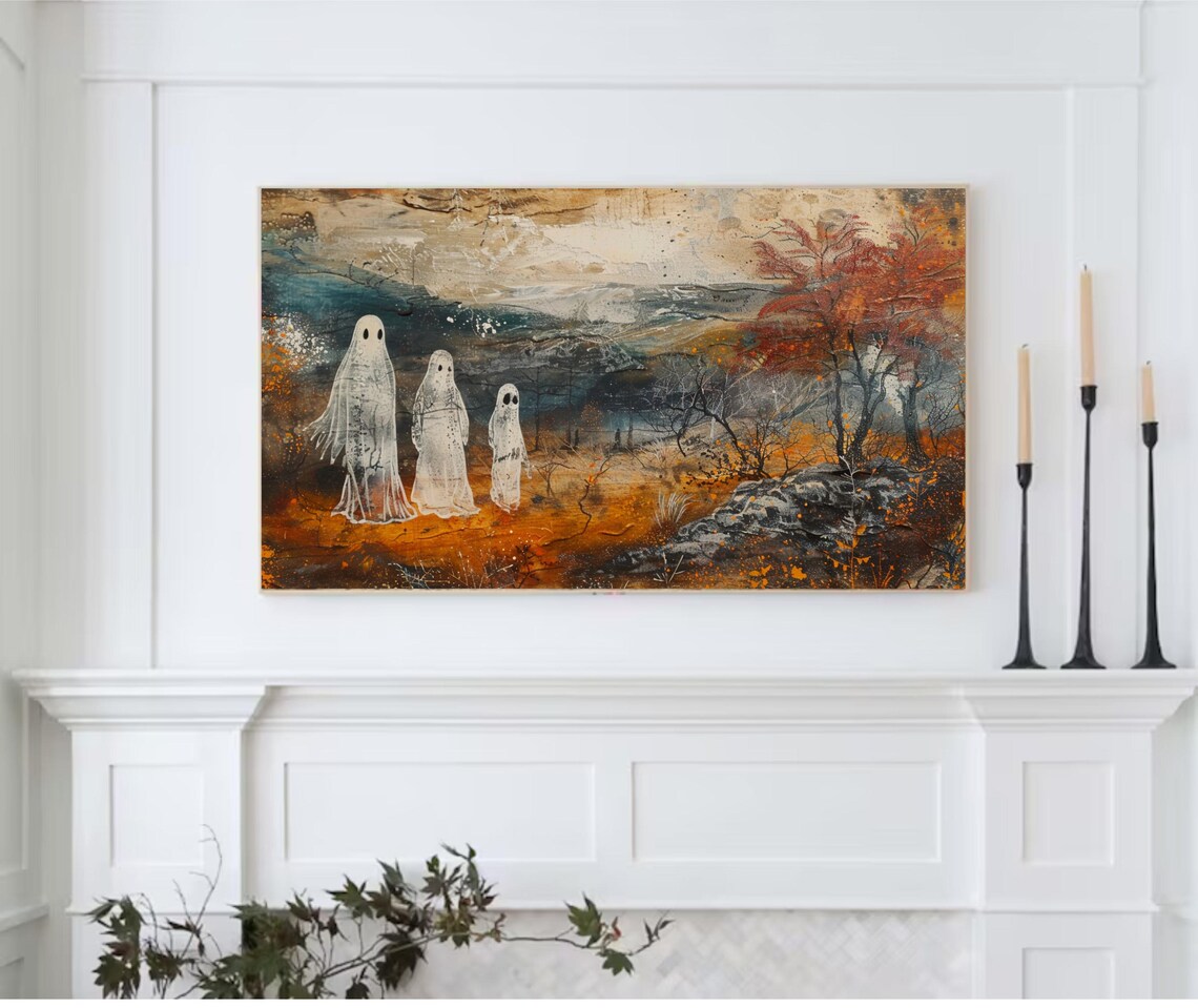 Three Ghosts Autumn Woods Fall Landscape Spooky Halloween Painting Poster - Image 2
