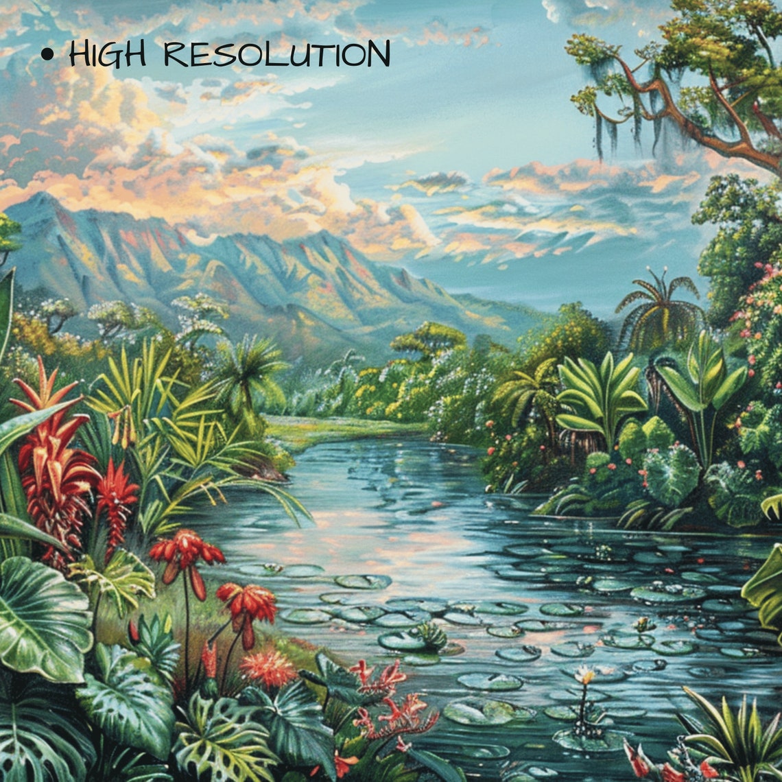 Tropical River Jungle Red Bromeliad Flowers Mountain Scenic Art Poster - Image 3