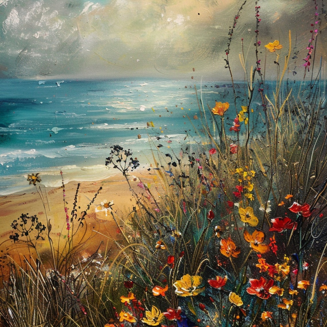 Coastal Wildflowers By Ocean Beach Colorful Meadow Seascape Poster - Image 3