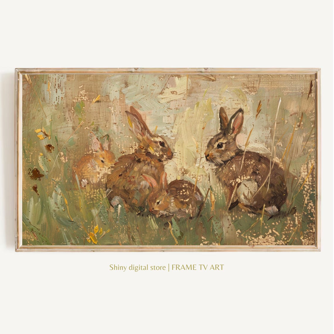 Vintage Rabbit Family Meadow Oil Painting Rustic Spring Bunny Poster