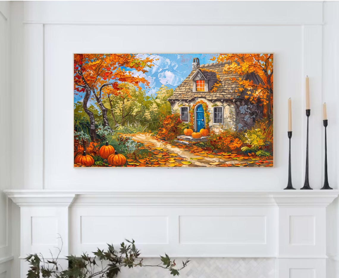 Autumn Stone Cottage Blue Door Pumpkins Golden Leaves Art Poster - Image 2