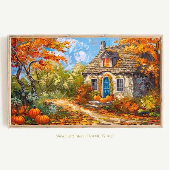 Autumn Stone Cottage Blue Door Pumpkins Golden Leaves Art Poster