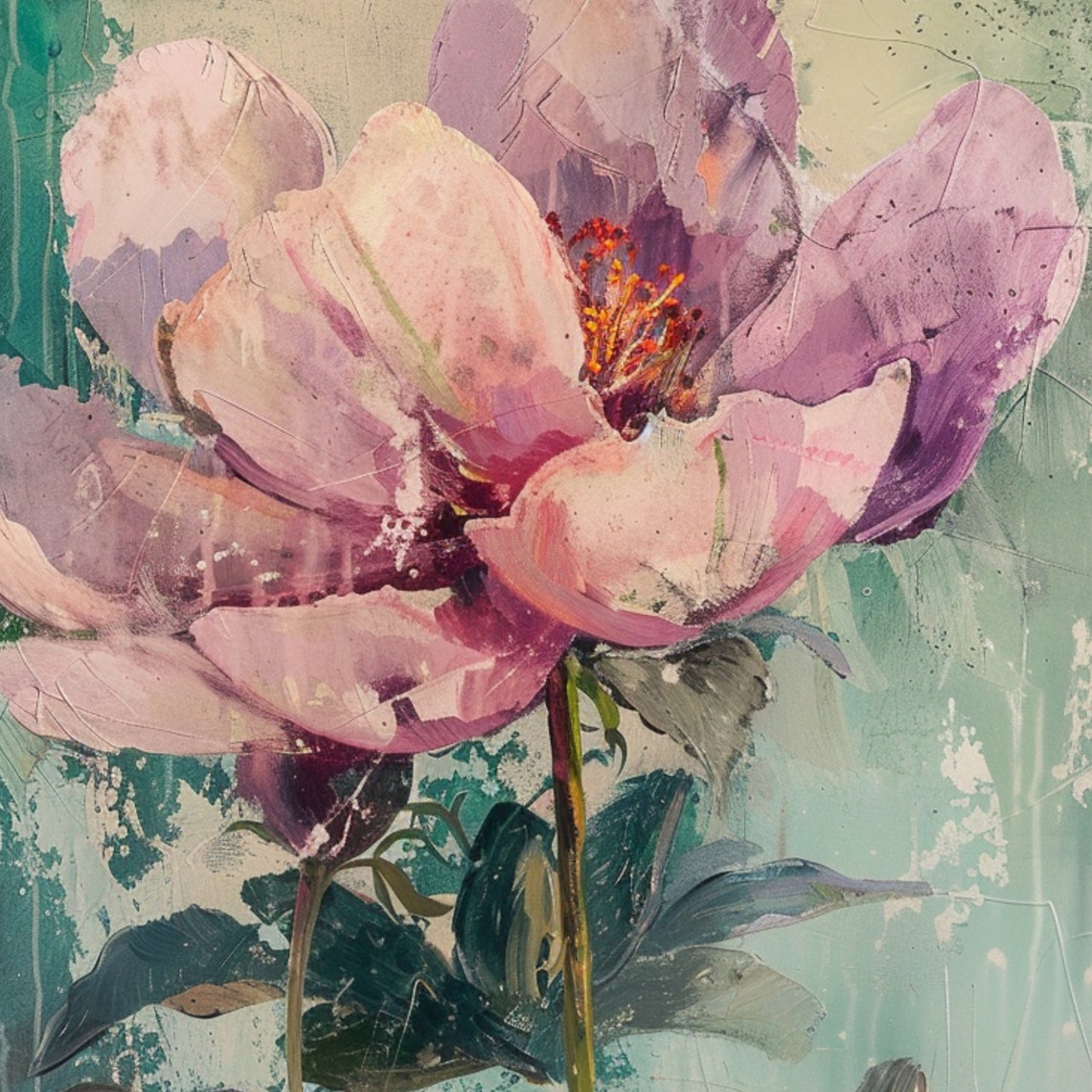 Lavender Pink Rose Painting Teal Background Impressionist Floral Print - Image 3