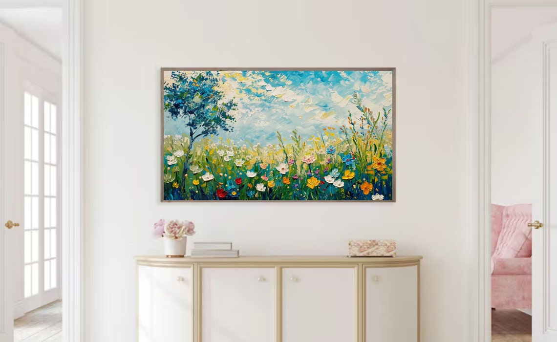 Spring Frame Tv Art Wildflower Field Oil Painting Flower Meadow Neutral Farmhouse Decor Country Oil Painting - Image 2