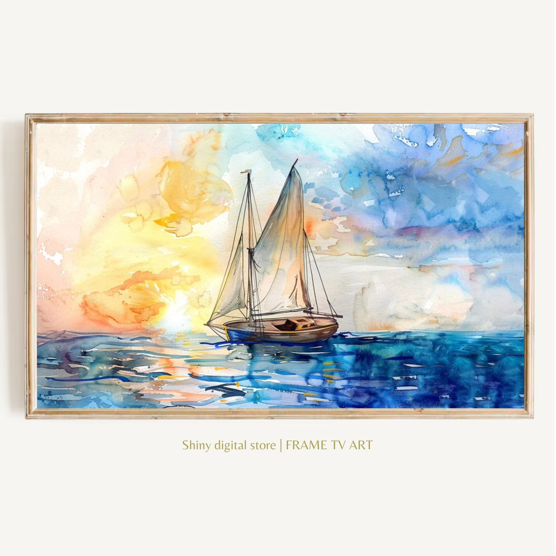 Watercolor Sailboat Sunset Ocean Voyage Coastal Beach Art Poster