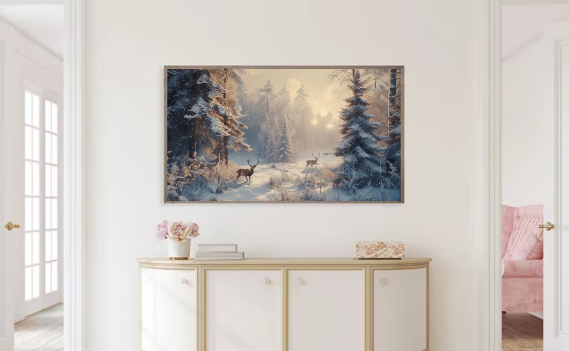 Deer In Snowy Forest Winter Golden Light Stags Pine Trees Art Print - Image 2