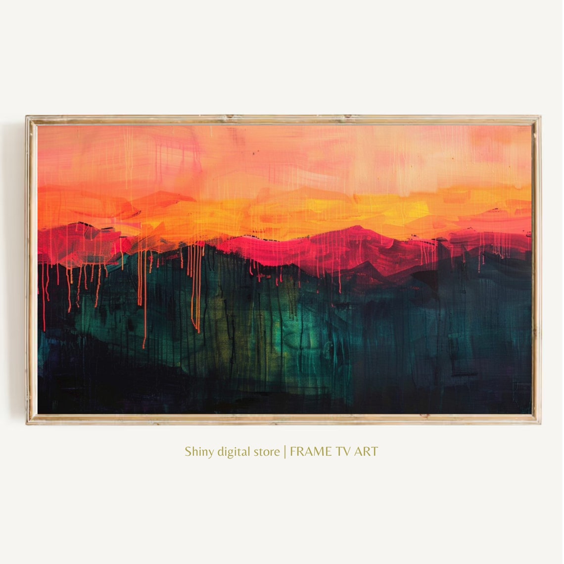Abstract Mountain Sunset Paint Drip Red Teal Modern Bold Wall Art