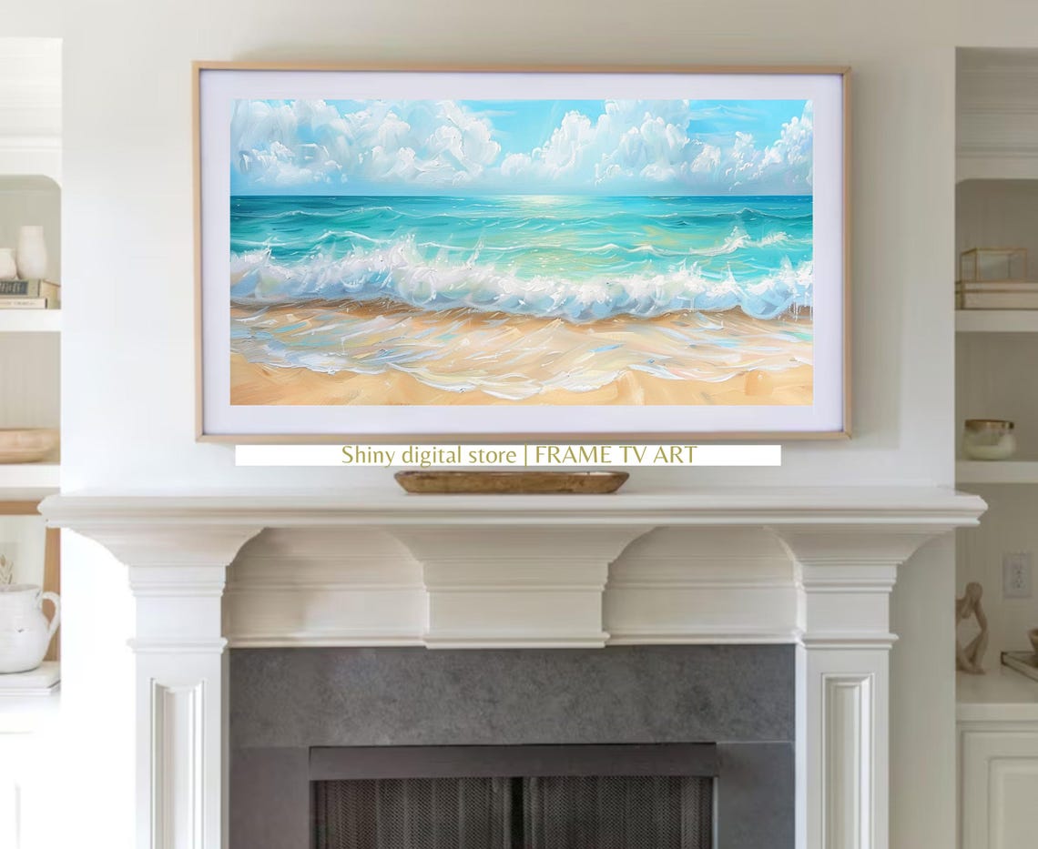 Summer Frame Tv Art Colorful Beach Seascape Instant Painting Textured Cute Pastel Art For Tv - Image 2