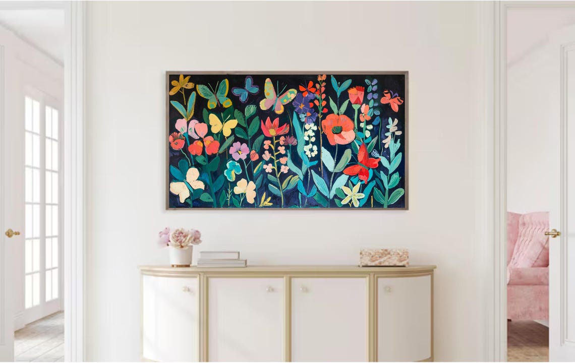 Colorful Butterfly Wildflower Meadow Folk Art Dark Botanical Poster - Image 2