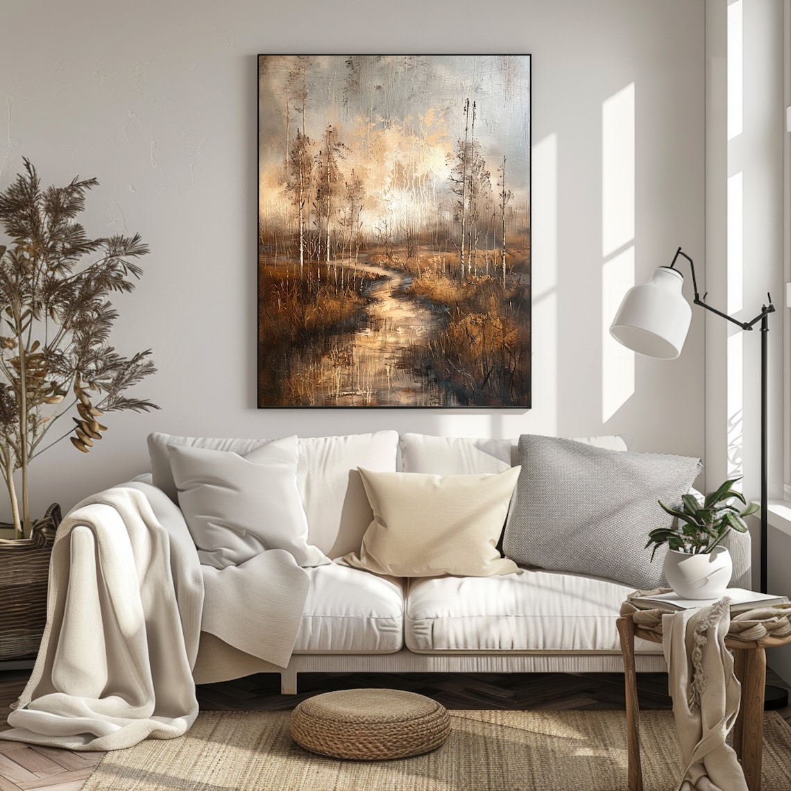 Misty Autumn River Marsh Birch Trees Golden Landscape Painting Poster - Image 2