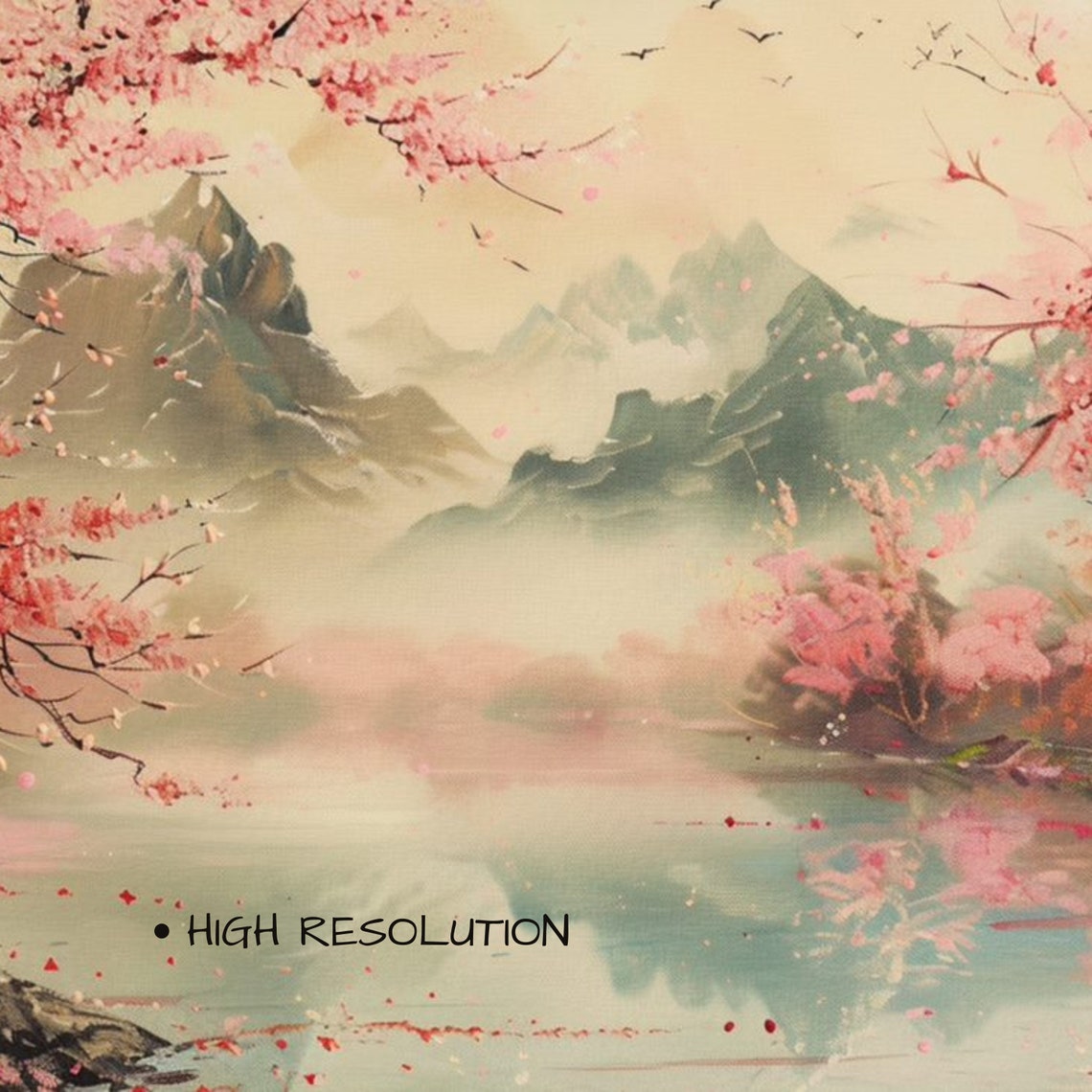 Cherry Blossoms Misty Lake Mountain Reflections Spring Art Poster - Image 3