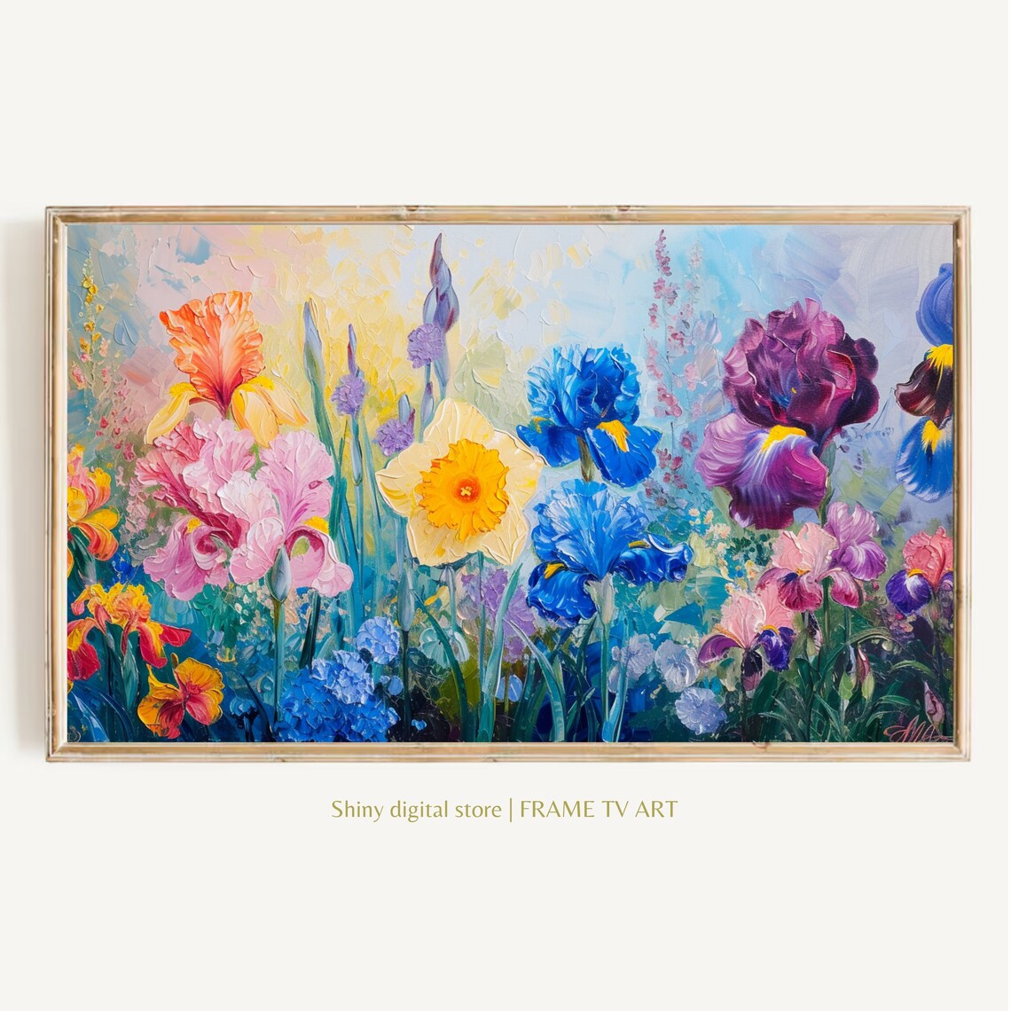 Colorful Iris Garden Bloom Orange Blue Purple Flowers Oil Painting