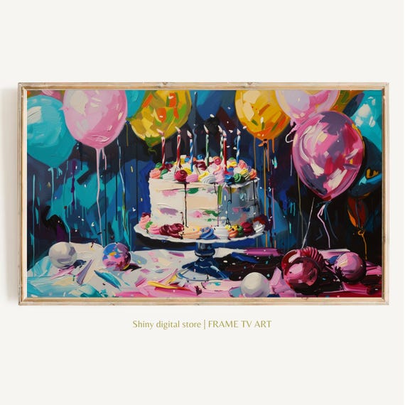 Birthday Frame Tv Art Colorful Birthday Cake Balloons Painting For Tv Blue Frame Tv Bday Art