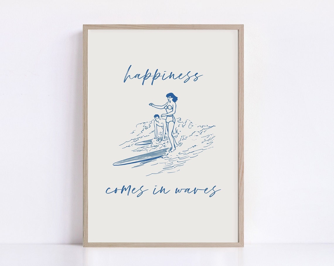 Happiness Comes in Waves Retro Surf Couple Beach Quote Art Poster - Image 2