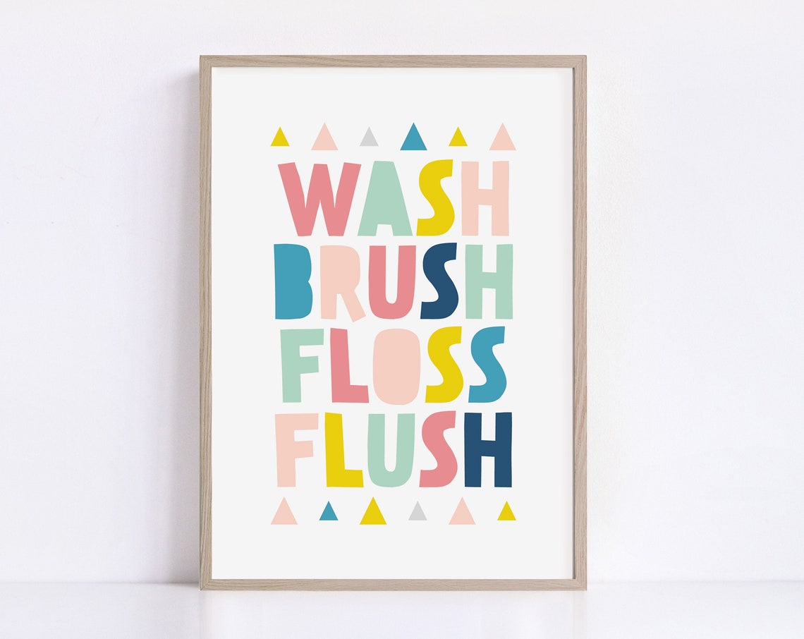 Wash Brush Floss Flush Colorful Kids Bathroom Rules Sign Poster - Image 2