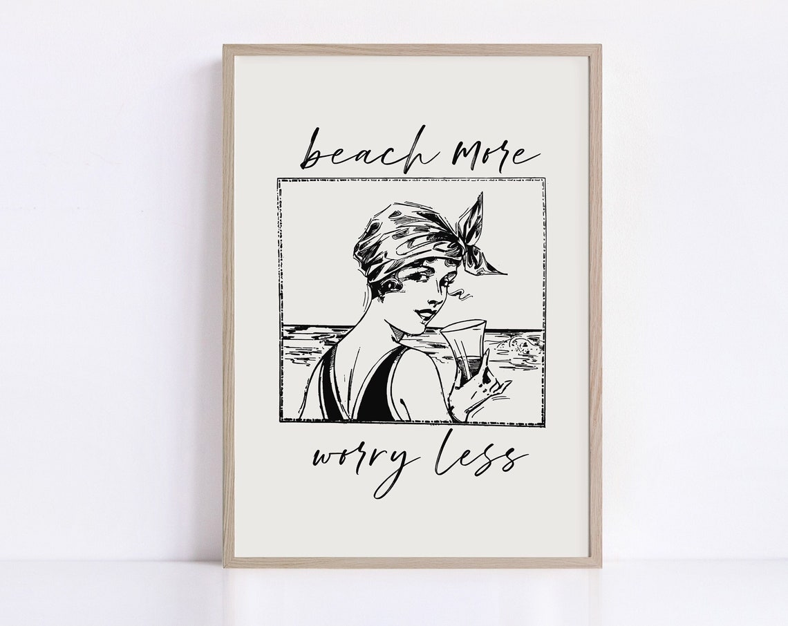 Beach More Worry Less Vintage Swimmer Sketch Retro Coastal Poster - Image 2