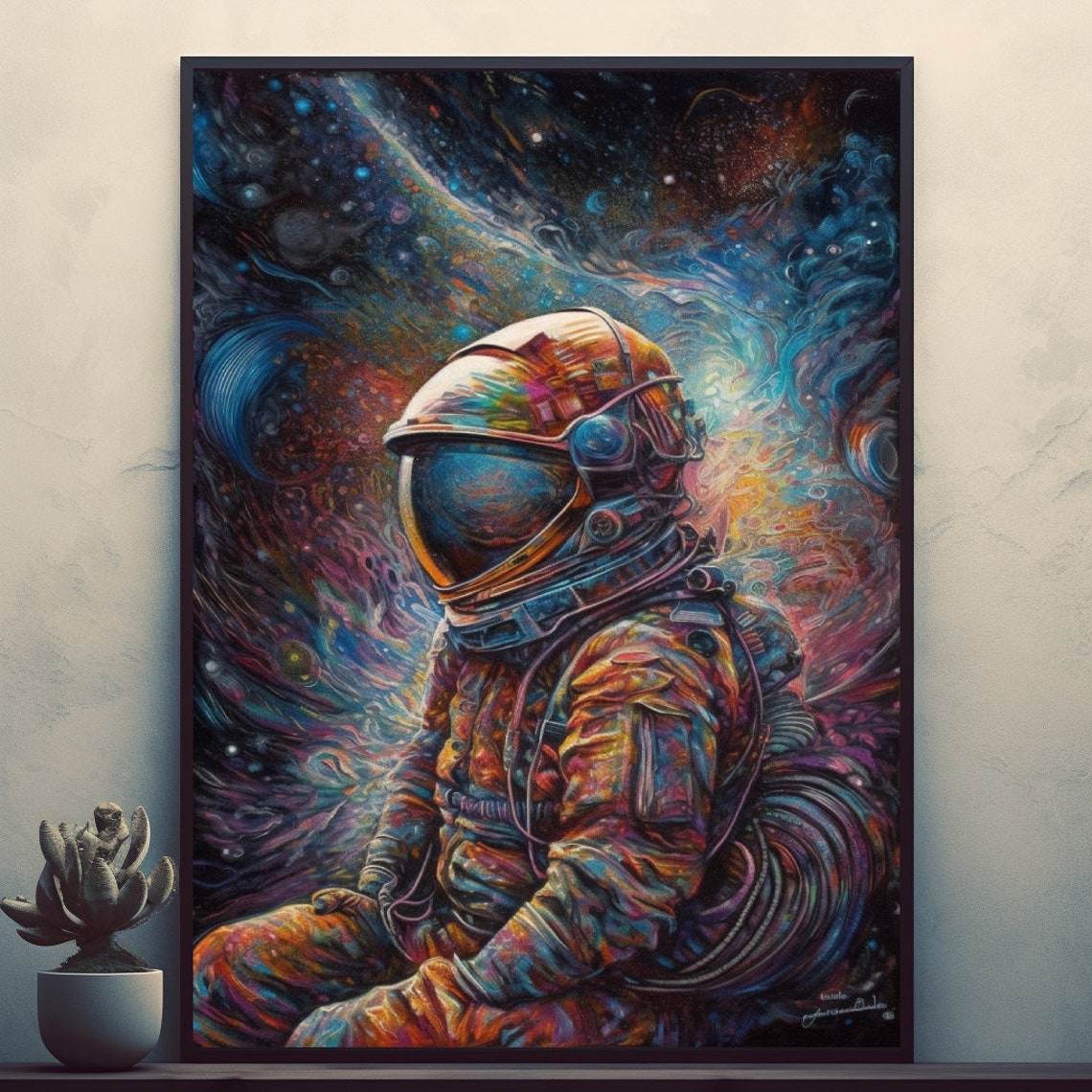 Astronaut Lost in Neon Cosmic Nebula Vivid Oil Pastel Poster