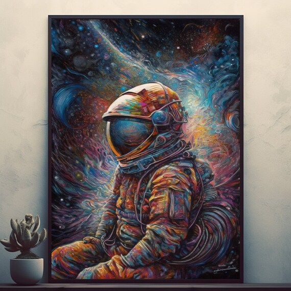 Astronaut Lost in Neon Cosmic Nebula Vivid Oil Pastel Poster