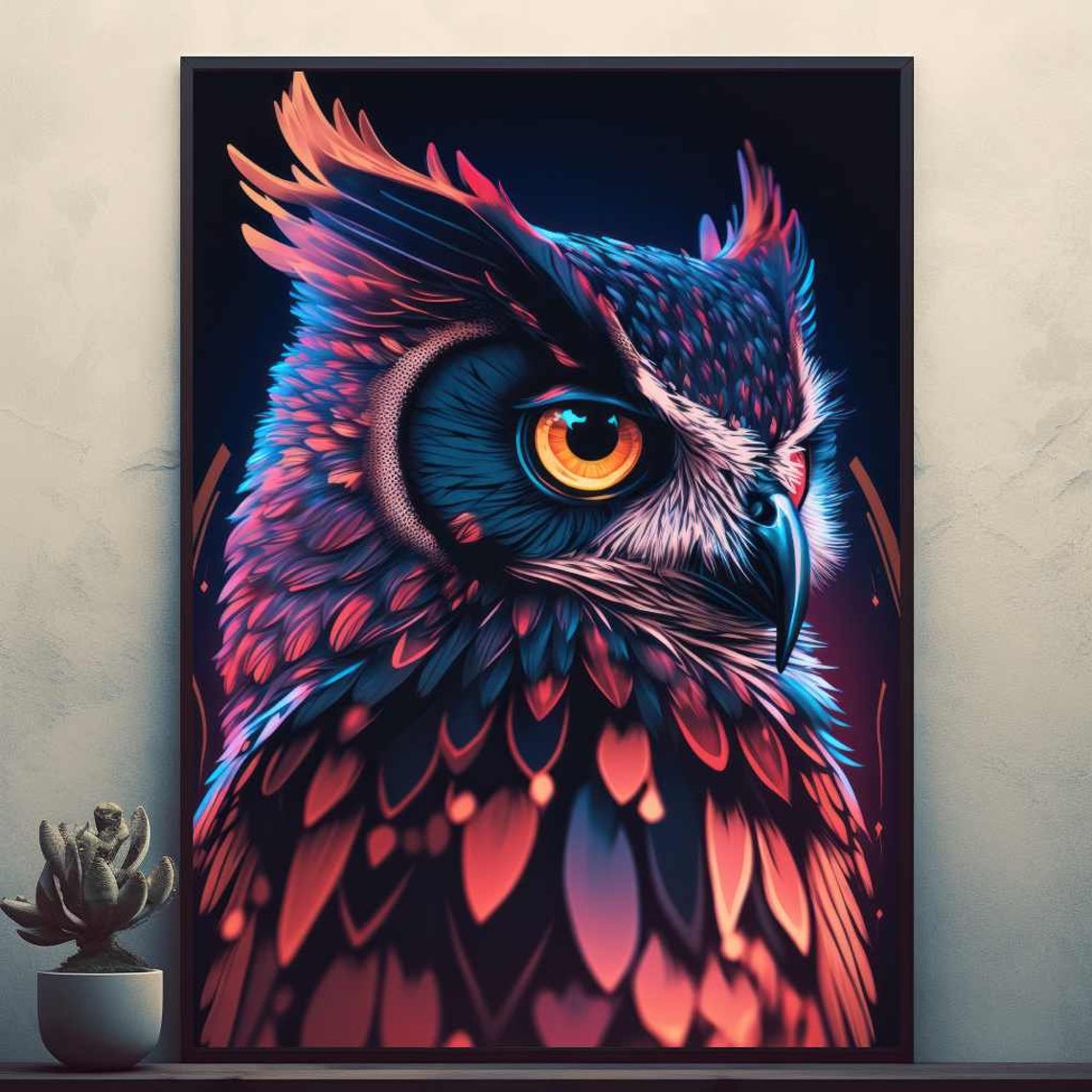 Vibrant Neon Owl Portrait Glowing Digital Wildlife Art Poster