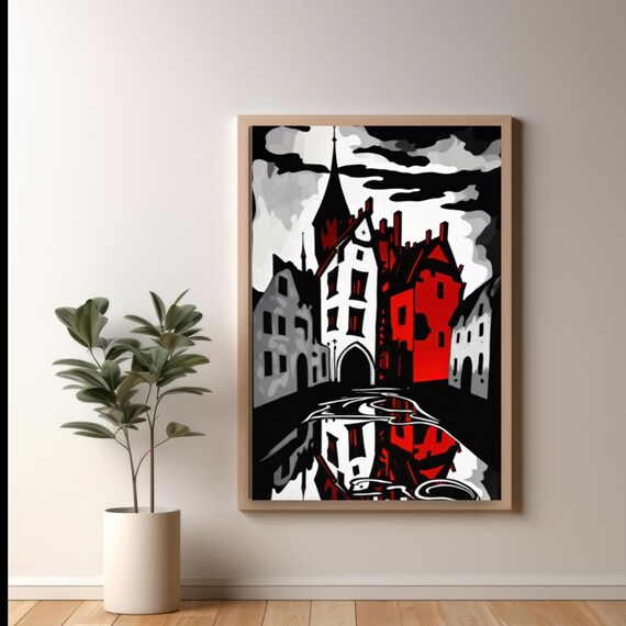 Spooky Gothic Old Town Houses Reflection Vintage Woodcut Poster