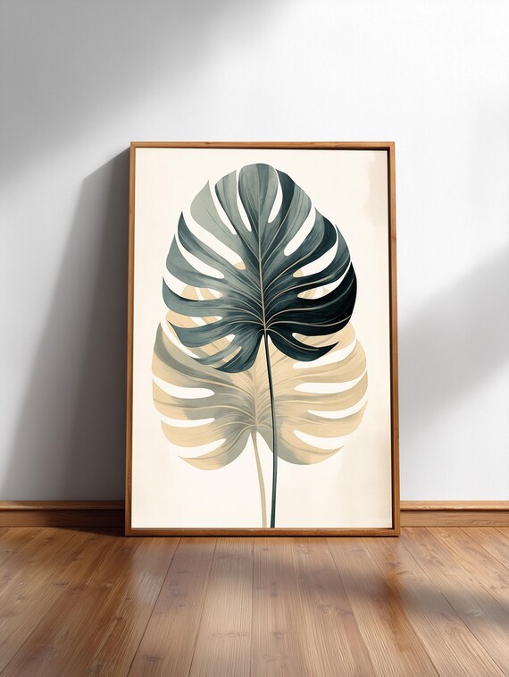 Dark Green Monstera Leaves Cream Japandi Botanical Soft Art Print