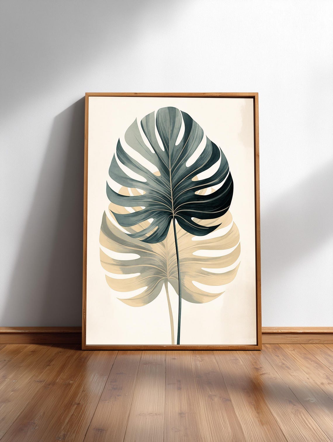 Dark Green Monstera Leaves Cream Japandi Botanical Soft Art Print