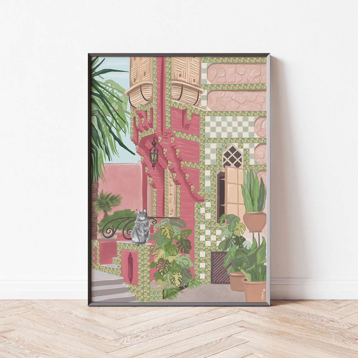 Barcelona Gaudi Mosaic Pink Building Grey Cat Monstera Plants Poster - Image 2