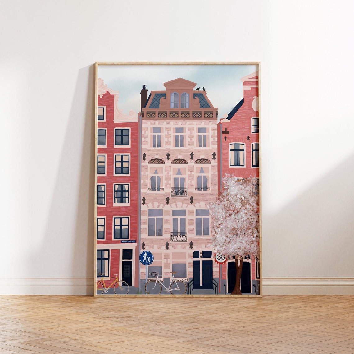 Amsterdam Pink Brick Townhouses Bicycles Blossom Tree Street Poster - Image 3