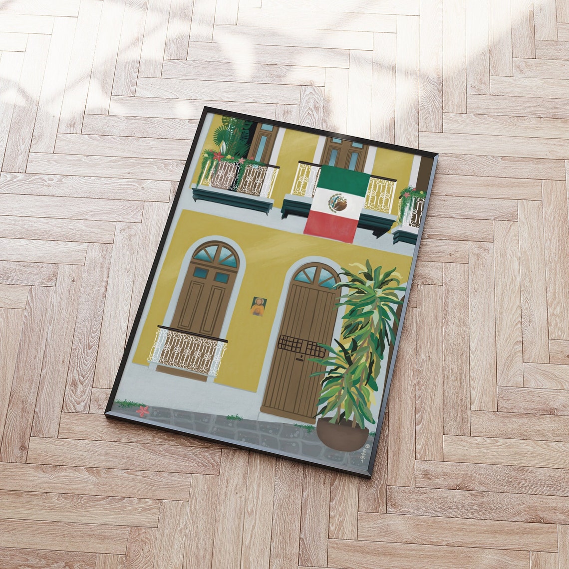 Mexico Colonial Yellow Facade Flag Balcony Wood Doors Plants Poster - Image 4