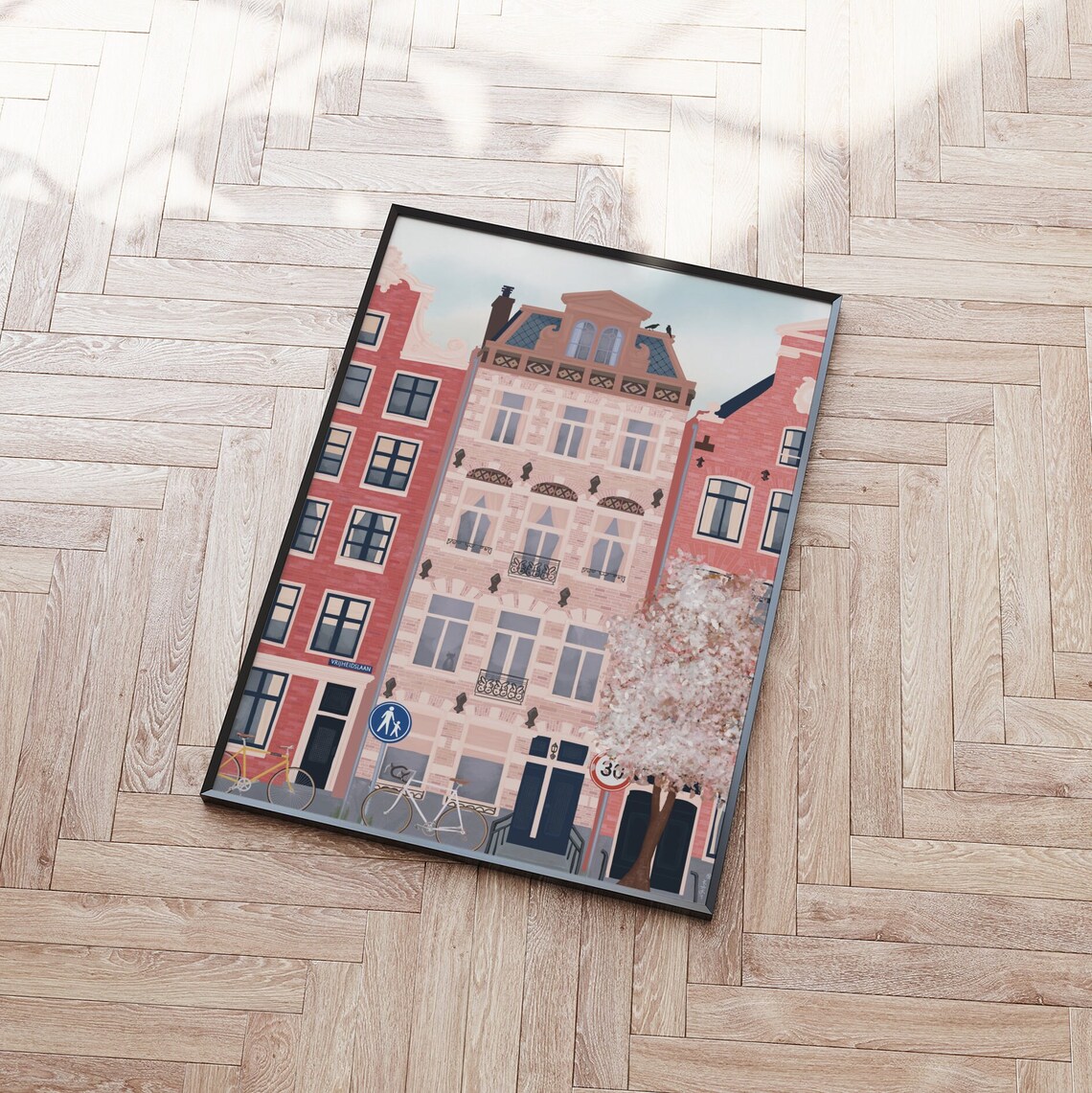 Amsterdam Pink Brick Townhouses Bicycles Blossom Tree Street Poster - Image 2