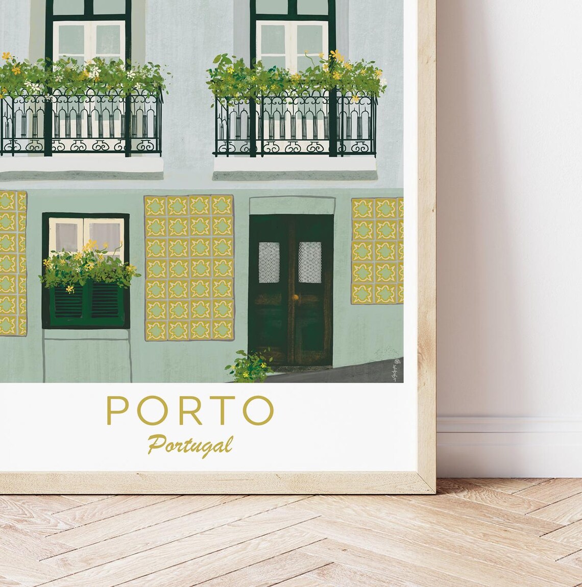Porto Portugal Green Tiled Facade Iron Balconies Flower Windows Poster - Image 4