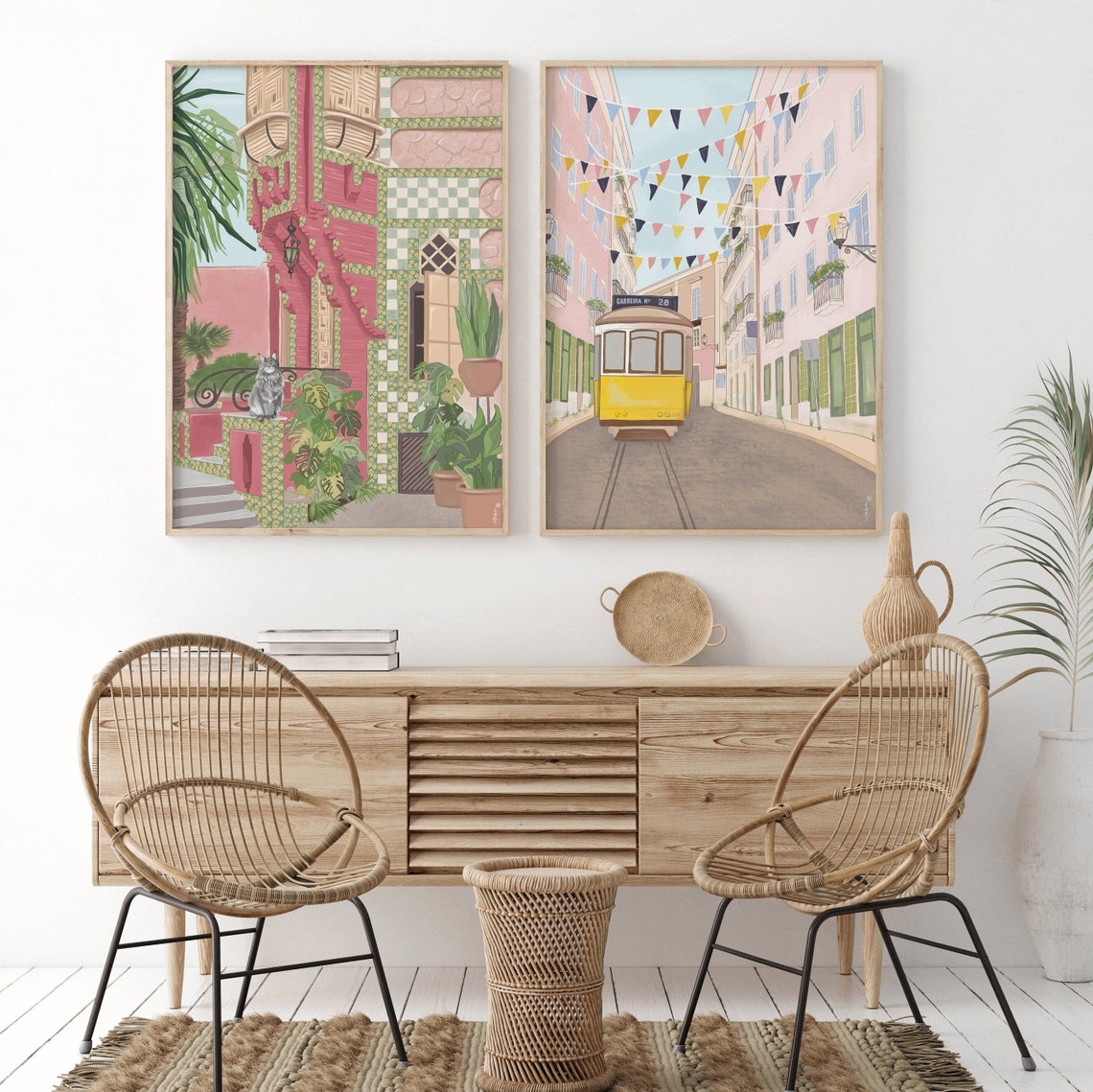 Barcelona Gaudi Mosaic Pink Building Grey Cat Monstera Plants Poster - Image 3