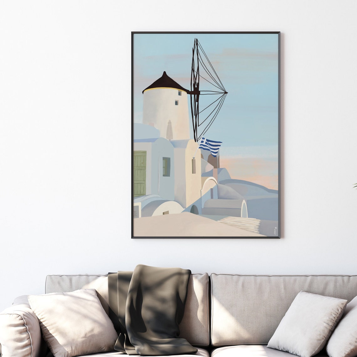 Greek Island Windmill Whitewashed Village Flag Dawn Sky Poster - Image 4