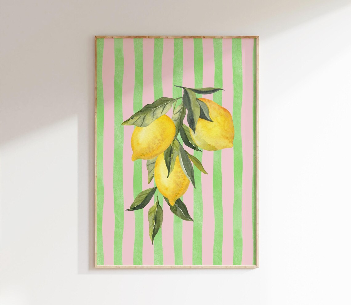 Watercolor Lemons Pink Green Striped Background Trendy Citrus Art Poster