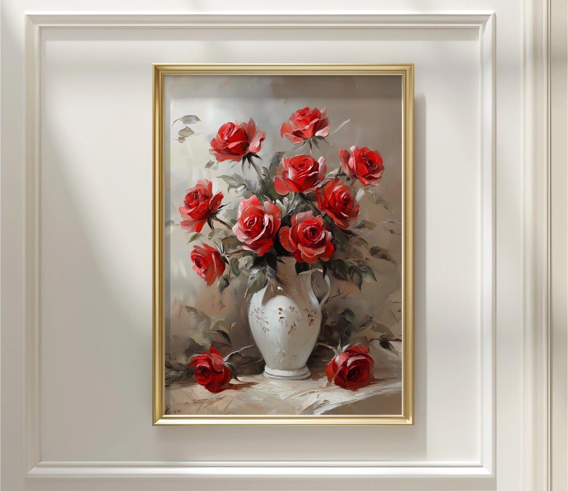 Romantic Red Roses In White Vase Vintage Still Life Painting Poster