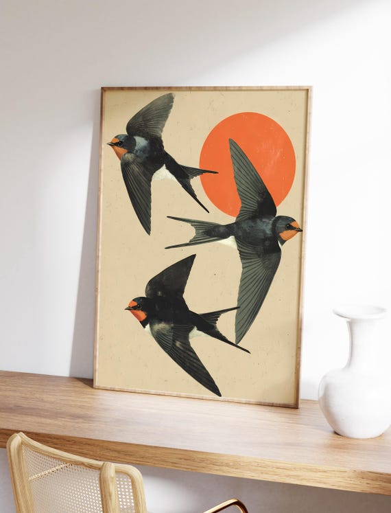 Swallows Wall Art Vintage Flying Birds Illustration Abstract Swallow Poster