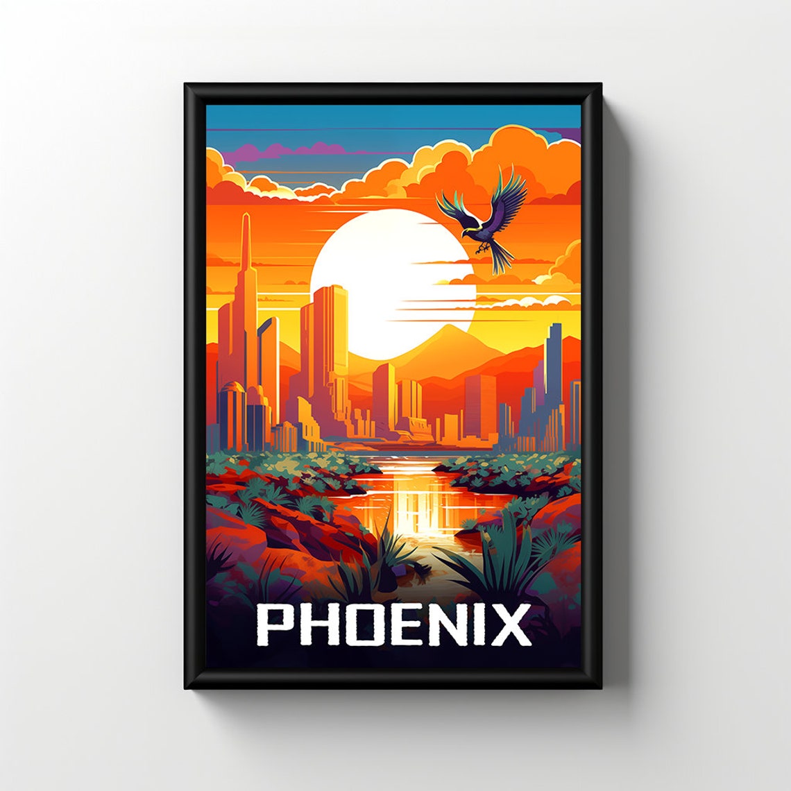 Phoenix Arizona Desert Sunset Skyline River Retro Art Poster