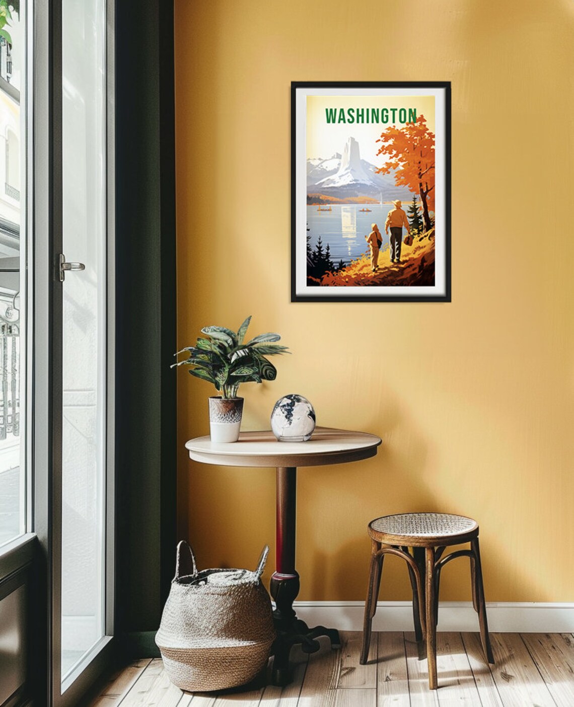 Washington State Autumn Lake Hikers Mountain Retro Travel Poster - Image 2