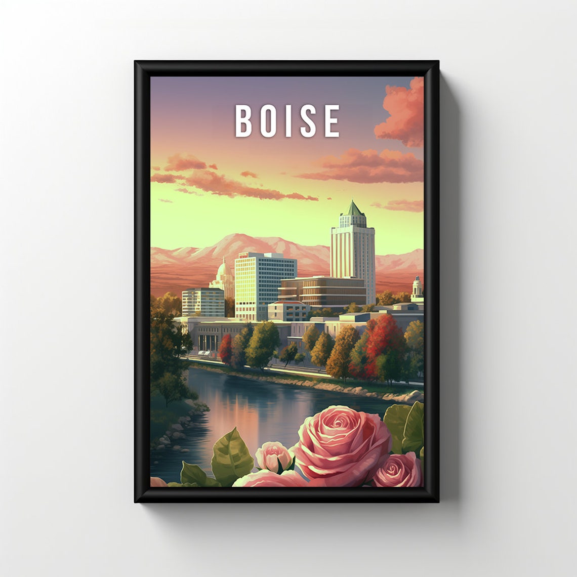 Boise Idaho Downtown Skyline Roses River Retro Travel Poster