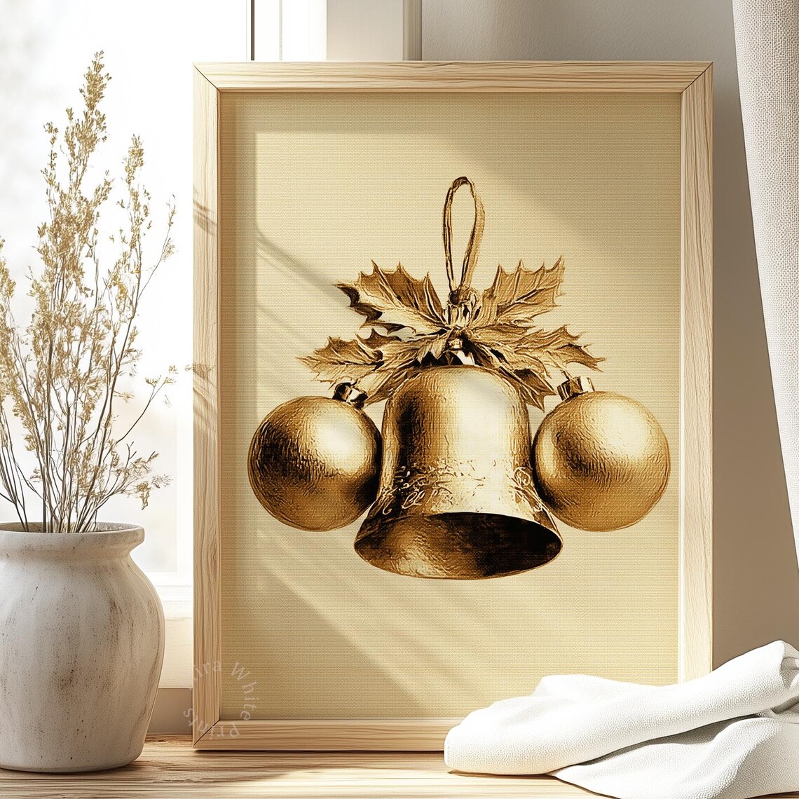 Golden Christmas Bell Baubles Holly Vintage Metallic Holiday Wall Poster