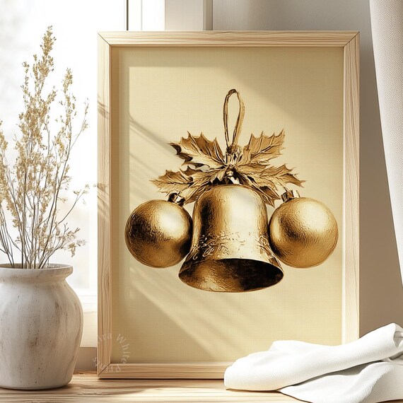Golden Christmas Bell Baubles Holly Vintage Metallic Holiday Wall Poster