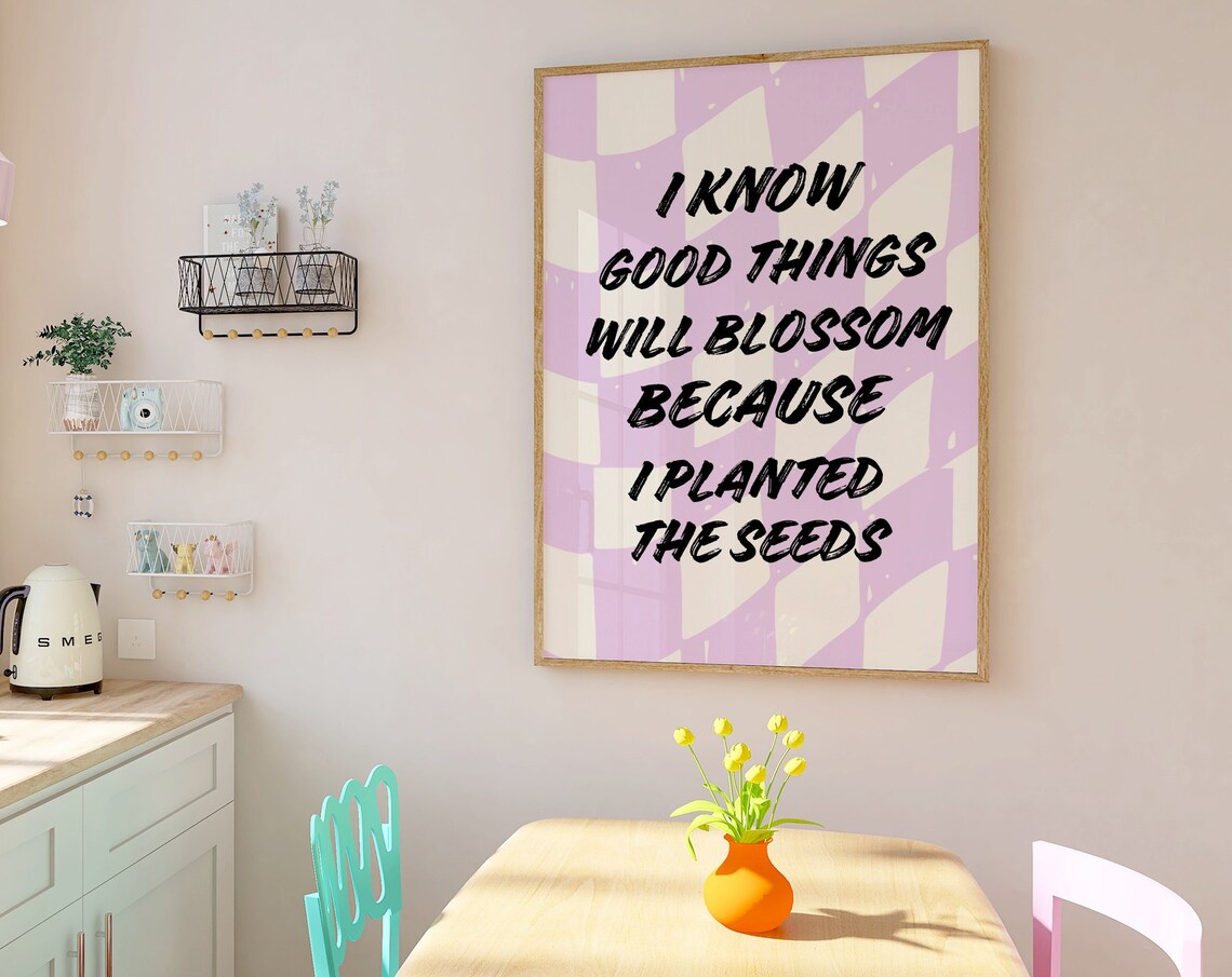 Good Things Will Blossom Motivational Purple Checkered Poster