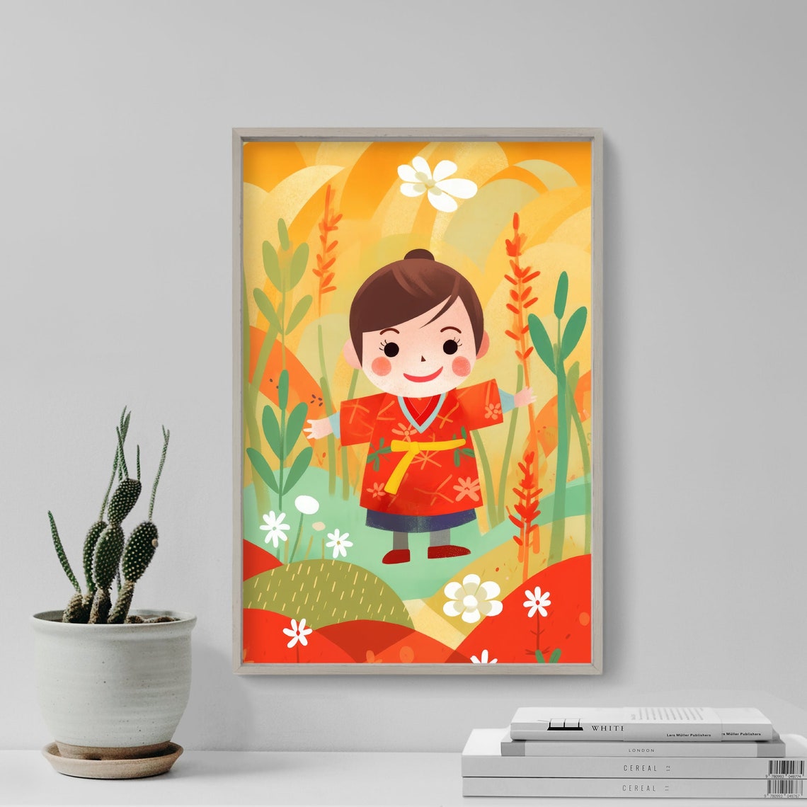 Smiling Girl in Red Kimono Among Flowers Cute Japan Art Poster